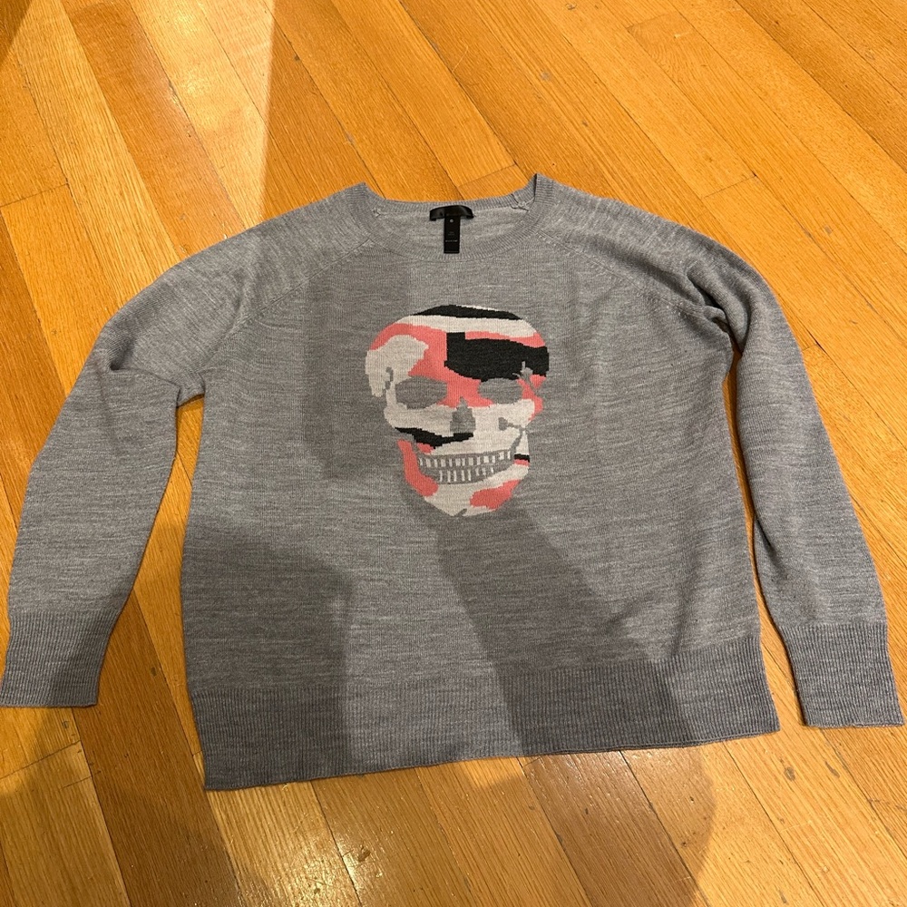 Aqua Gray and Pink Crewneck Sweater with Graphic Design
